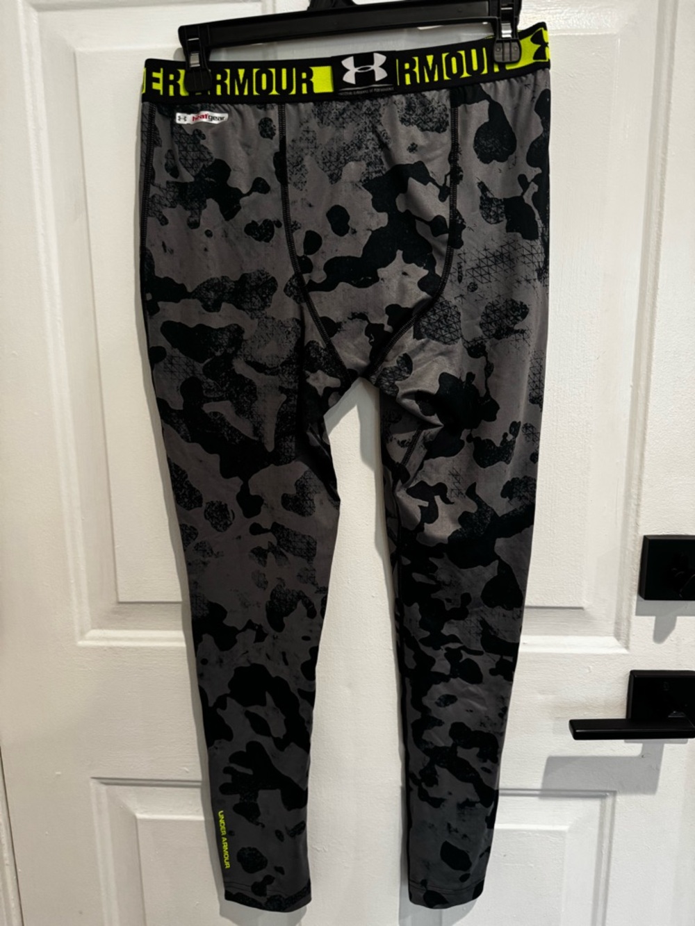 Under Armour Gray & Black Camo Leggings with Neon Yellow Waistband - Picture 2 of 3